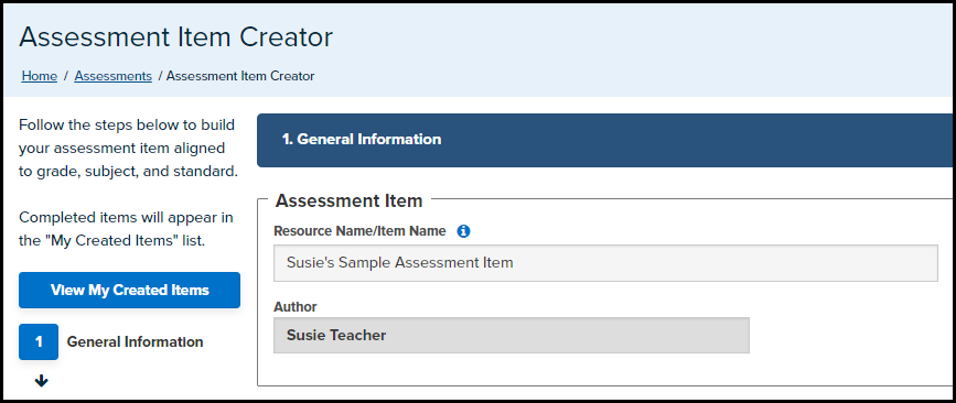 top portion of the assessment item creator page for a my created item example including the General Information section