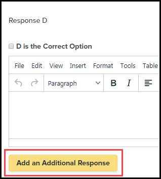 multiple choice response section of the content step with the add an additional response button highlighted