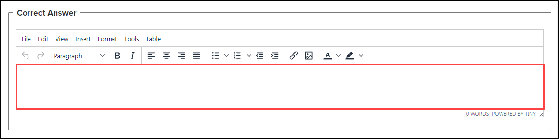 correct answer section of the content step for a constructed response item with the text box highlighted