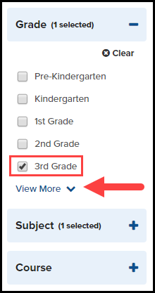 Grade, subject, and course checkboxes section of standards search page with a third grade selected and highlighted as an example and an arrow pointing to the view more drop down
