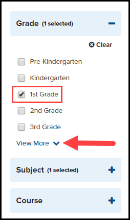 assessment item search page displaying the grade, subject, and course filter options with 1st grade checkbox selected and highlighted