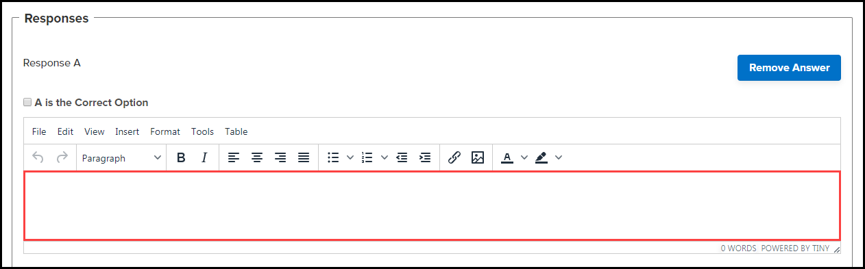 multiple choice response section of the content step with the text box highlighted