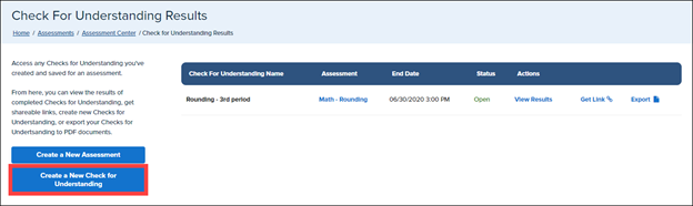 Check for Understanding Page with Create a New Check for Understanding button highlighted