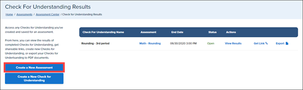 Check for Understanding Page with Create New Assessment button Highlighted