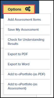 preview assessment page with options button highlighted and options drop down menu displayed