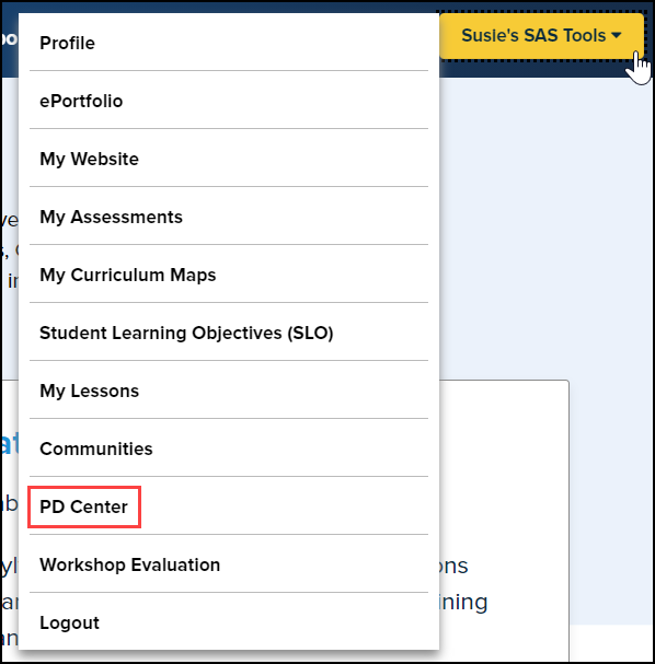 SAS tools menu with P D center option highlighted