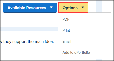 assessment anchor with options button highlighted revealing a drop down list including P D F, print, email, and add to E portfolio