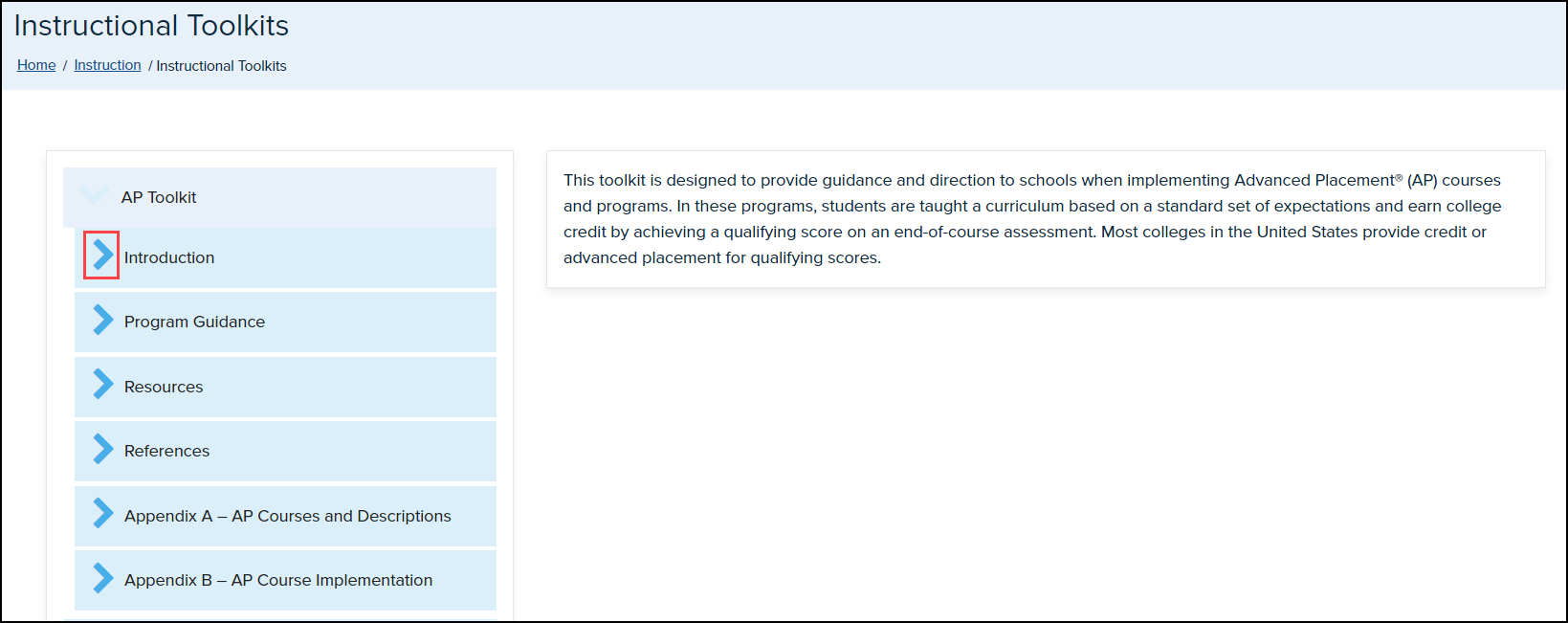 instructional toolkits menu with A P toolkit menu expanded and introduction drop down arrow highlighted
