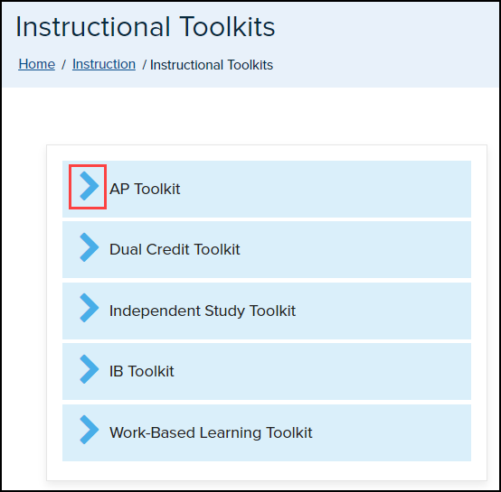 instructional toolkits menu with A P toolkit drop down arrow highlighted