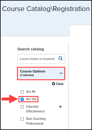 course catalog slash registration screen with course options highlighted and act 126 option selected and highlighted