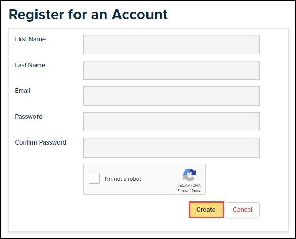 register for an account screen with create button highlighted
