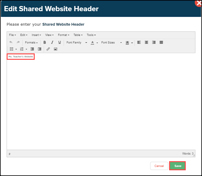 shared website header text editor box with text and save button highlighted