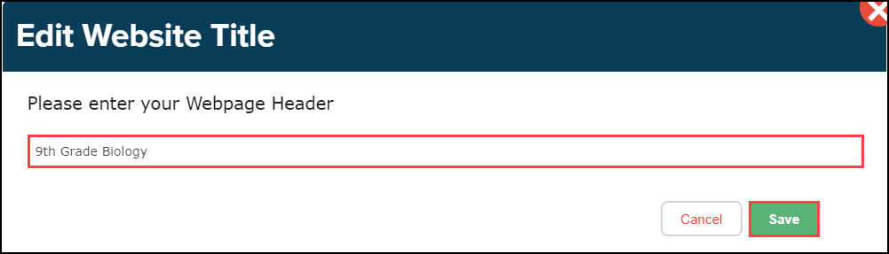 edit website title box with entry field and save button highlighted