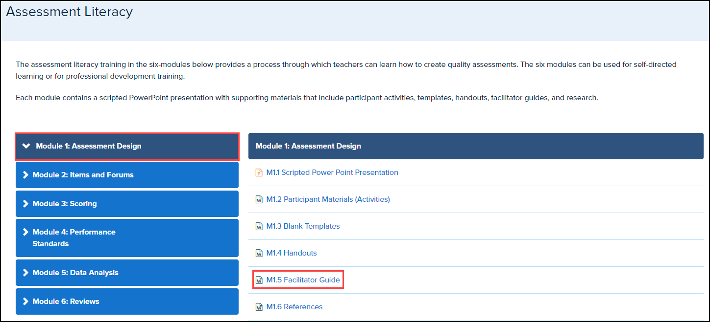 assessment literacy screen with module 1 and resource highlighted