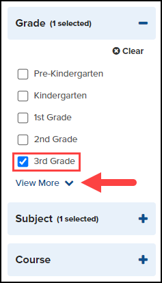 grade level, subject, and course filters with third grade highlighted and an arrow pointing to view more.