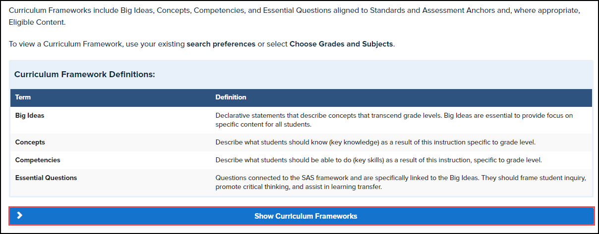 general subject show curriculum framework menu button highlighted