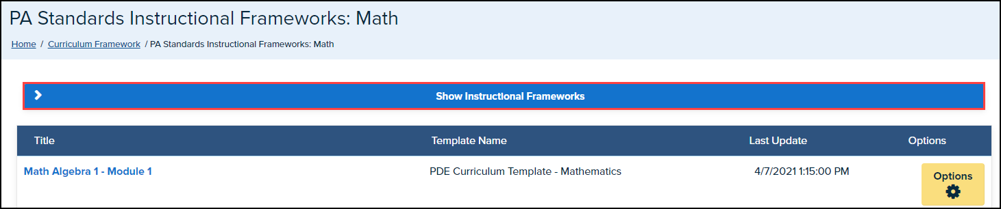 instructional frameworks screen with show instructional frameworks button highlighted