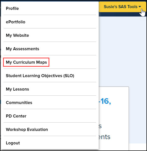 S A S tools menu with my curriculum maps option highlighted