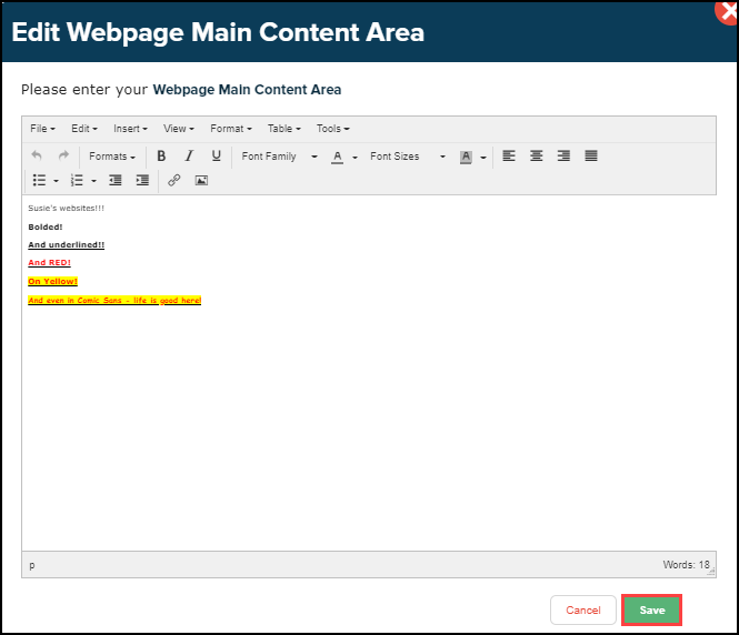 edit webpage main content area text editor box with save button highlighted