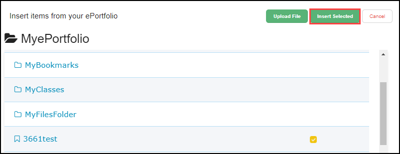 insert items from my e portfolio screen with insert selected button highlighted
