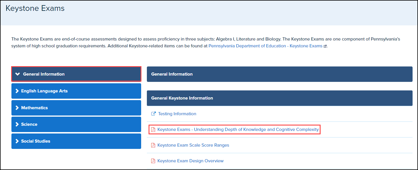 keystone exams screen with topic and document highlighted