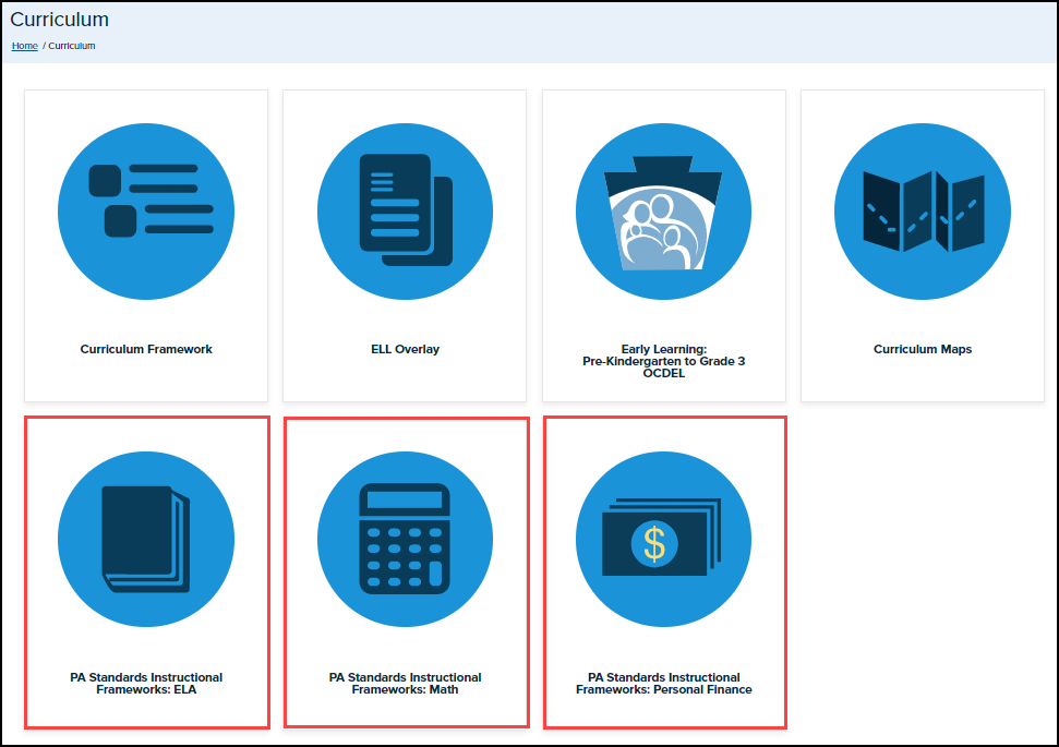 curriculum menu screen with instructional frameworks highlighted