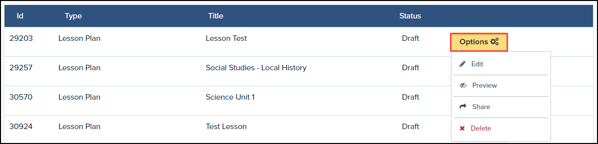 lesson plan options button highlighted and drop down menu expanded