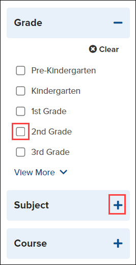 Grade subject and course filters