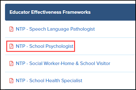 educator effectiveness frameworks section with N T P school psychologist document highlighted
