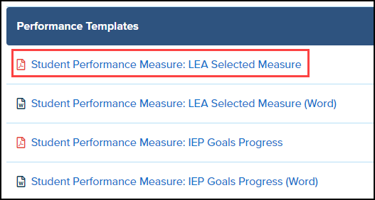 educator effectiveness performance templates section with student performance measure document highlighted