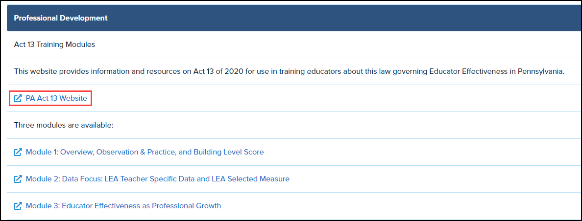 educator effectiveness professional development section with link to PA act 13 website highlighted