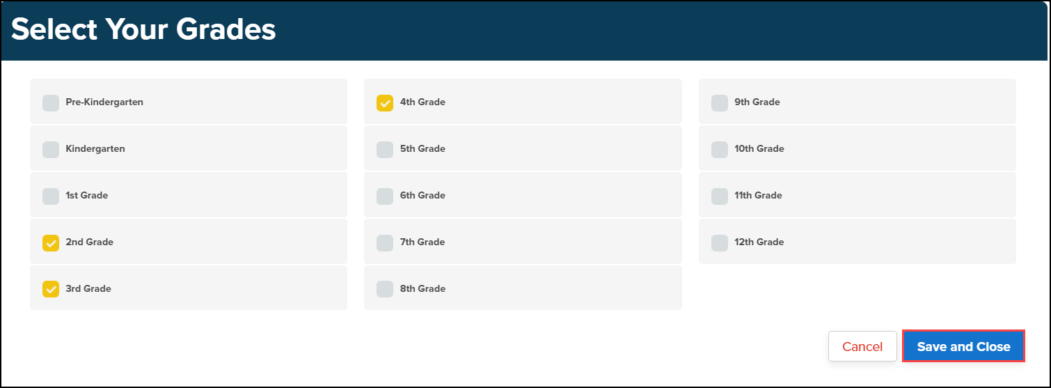 select your grades pop up menu with save and close button highlighted