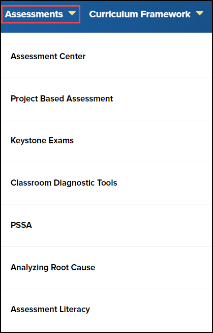 assessments button highlighted in site header with drop down menu expanded