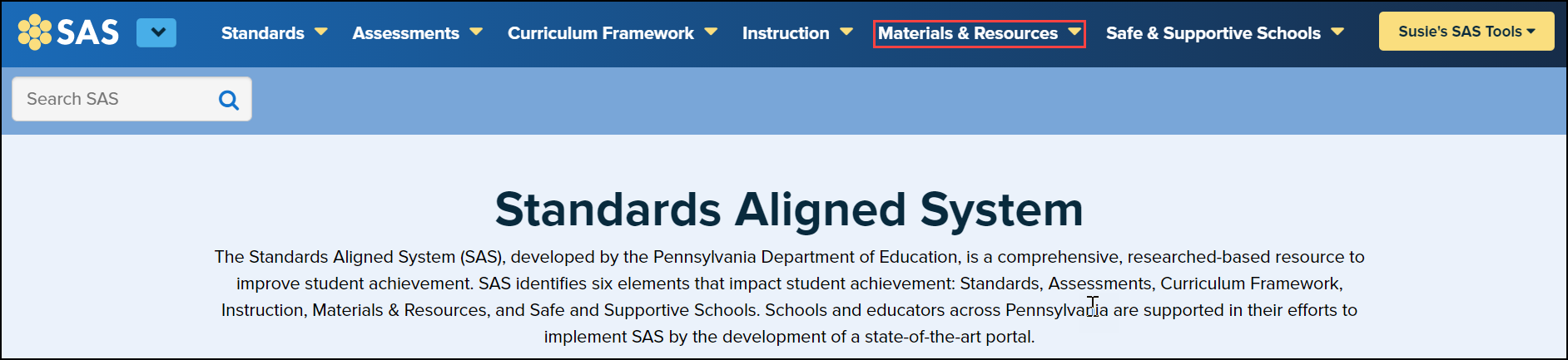 SAS homepage with materials and resources button highlighted