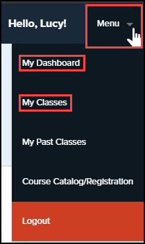 P D Center menu with My Dashboard and My Classes highlighted
