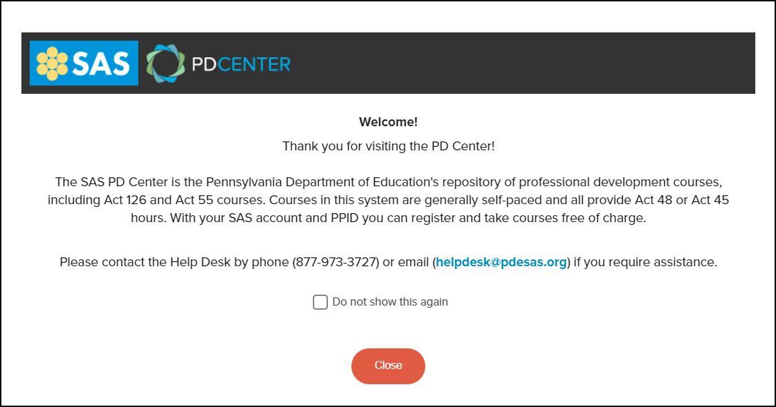 P D Center welcome message screen