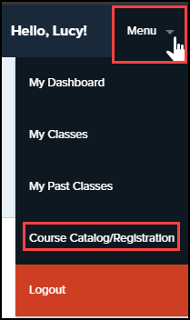 P D Center menu with menu and course catalog slash registration highlighted