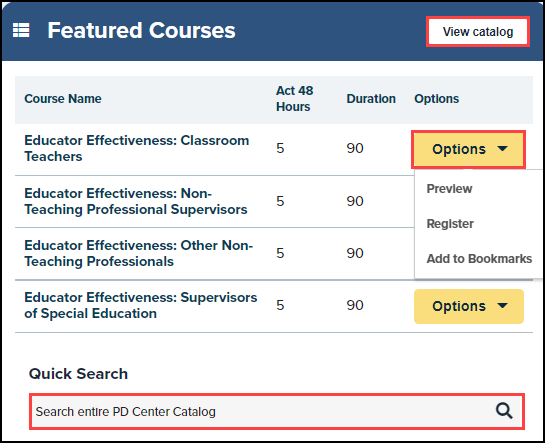 featured courses section with view catalog and options buttons and quick search highlighted