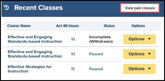 recent classes section with view past classes button highlighted