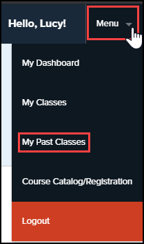 P D center menu button and my past classes option highlighted