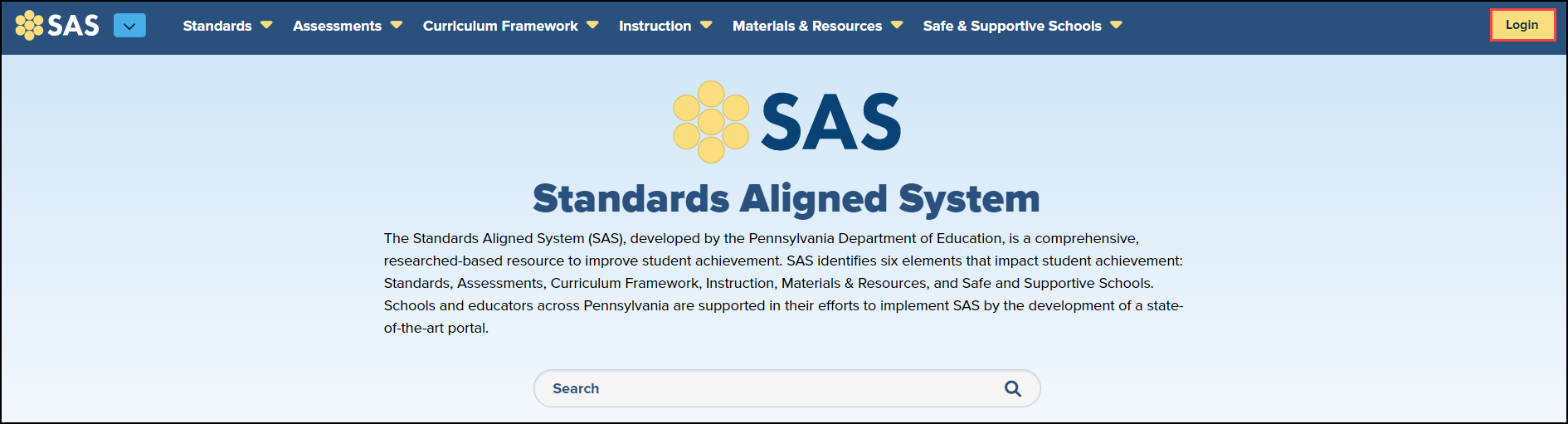 SAS homepage with login button highlighted