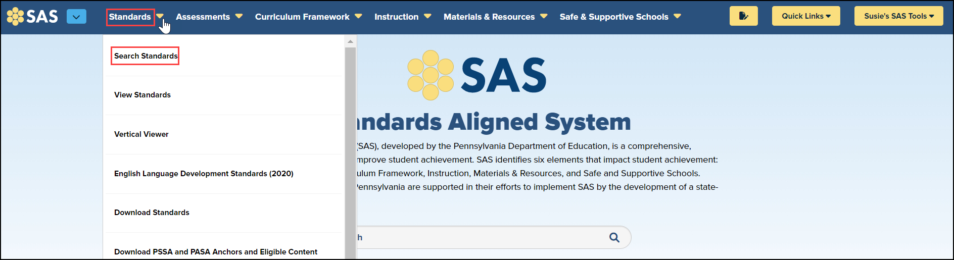sas site header with standards highlighted and menu expanded with search standards highlighted