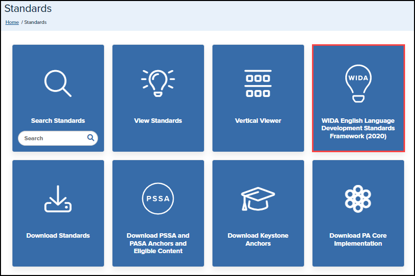 standards menu with WIDA English Language Development Standards Framework button highlighted