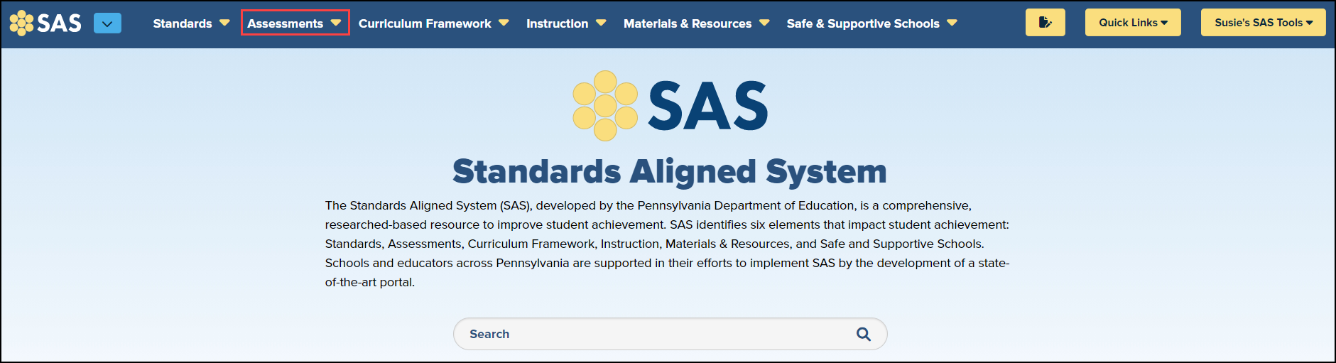 SAS homepage with assesments buton highlighted