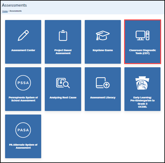 assessments menu screen with classroom diagnostic tools button highlighted