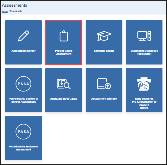assessments menu screen with project based assessment button highlighted