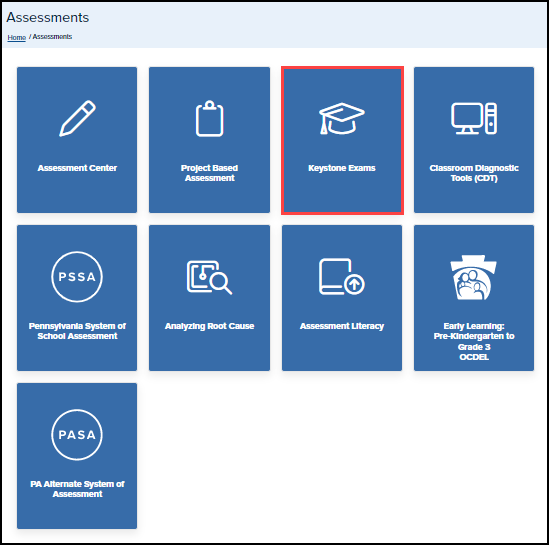 assessments menu screen with keystone exams button highlighted