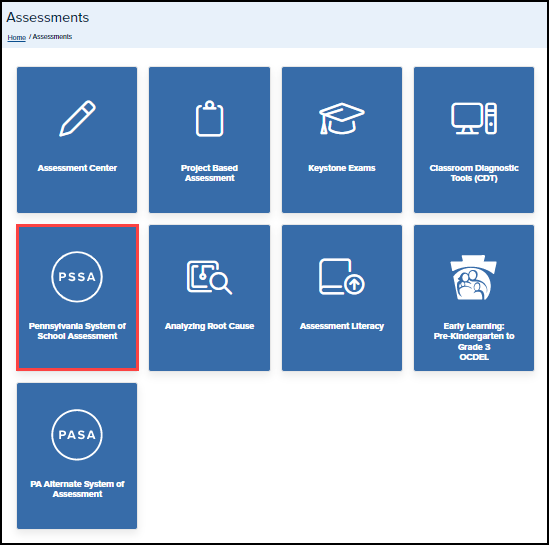 assessments menu screen with PSSA button highlighted
