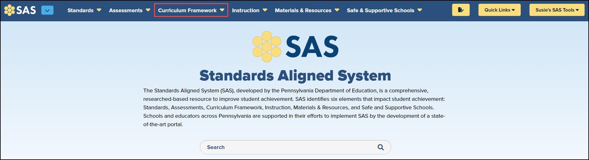 sas homepage with curriculum framework menu highlighted