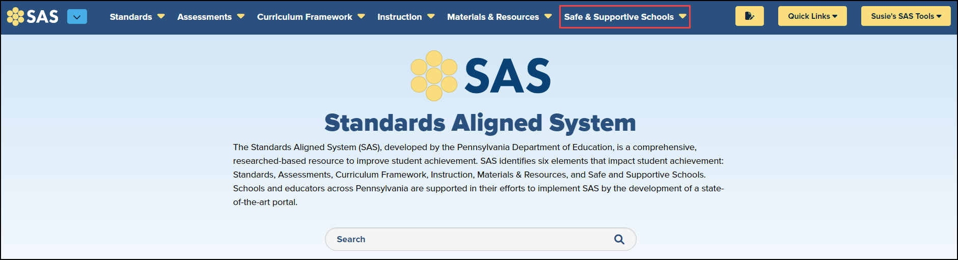 SAS homepage with safe and supportive schools menu button highlighted 